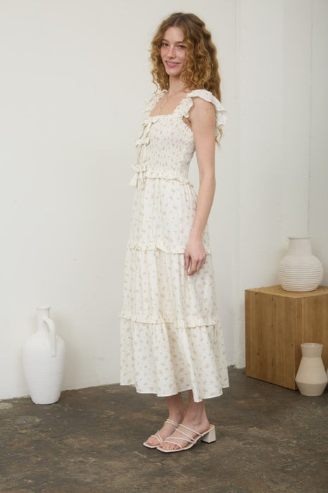 Ditsy Floral Smocked Tiered Midi Dress with Bow Detail