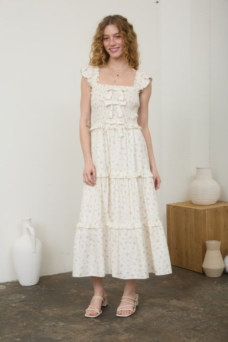 Ditsy Floral Smocked Tiered Midi Dress with Bow Detail
