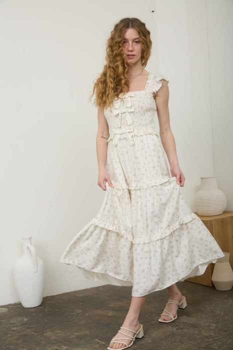 Ditsy Floral Smocked Tiered Midi Dress with Bow Detail