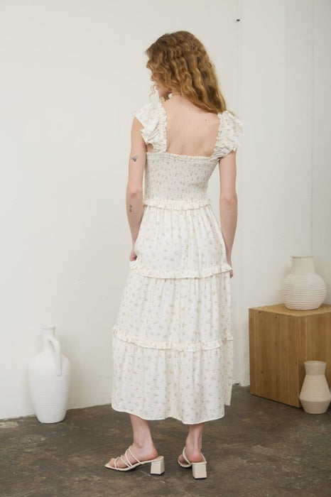 Ditsy Floral Smocked Tiered Midi Dress with Bow Detail