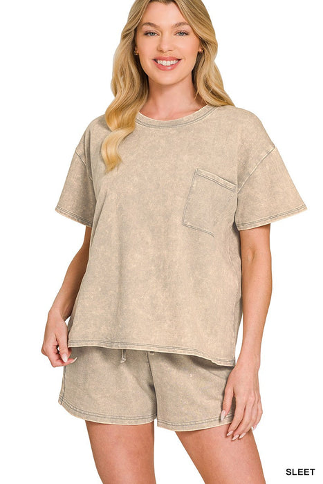 French Terry Acid Washed Relaxed Top & Short Set ZENANA
