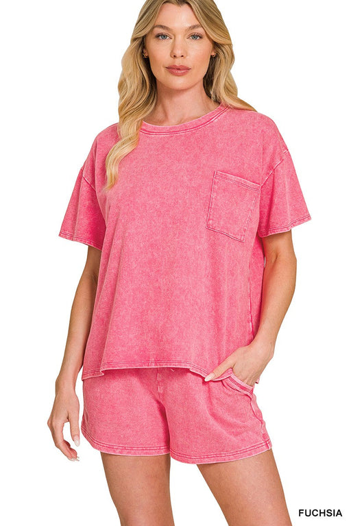 French Terry Acid Washed Relaxed Top & Short Set ZENANA