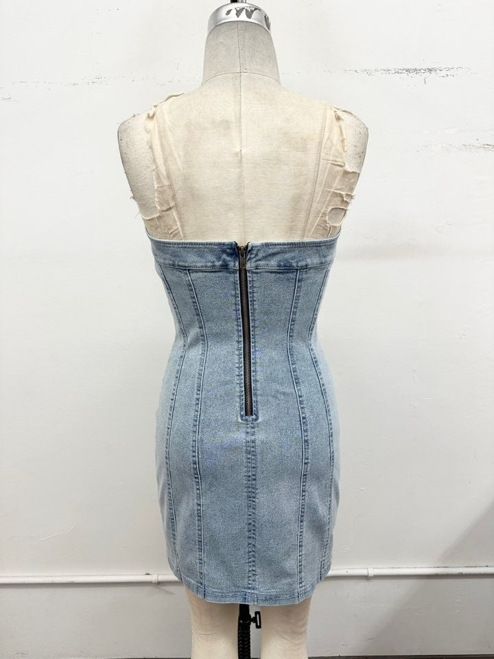 Strapless Stretch Denim Bodycon Dress Timing
