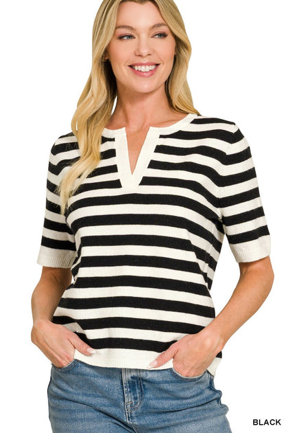 Split Neck Stripe Short Sleeve Sweater