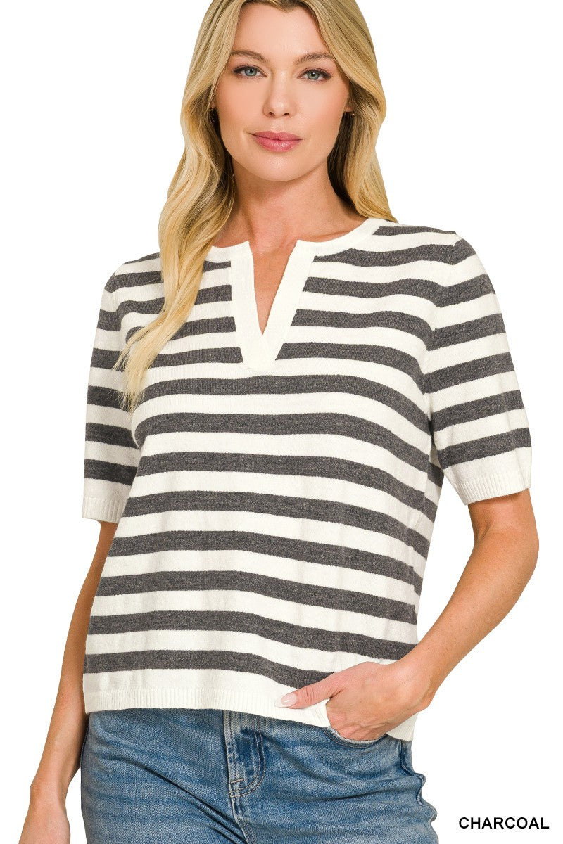 Split Neck Stripe Short Sleeve Sweater