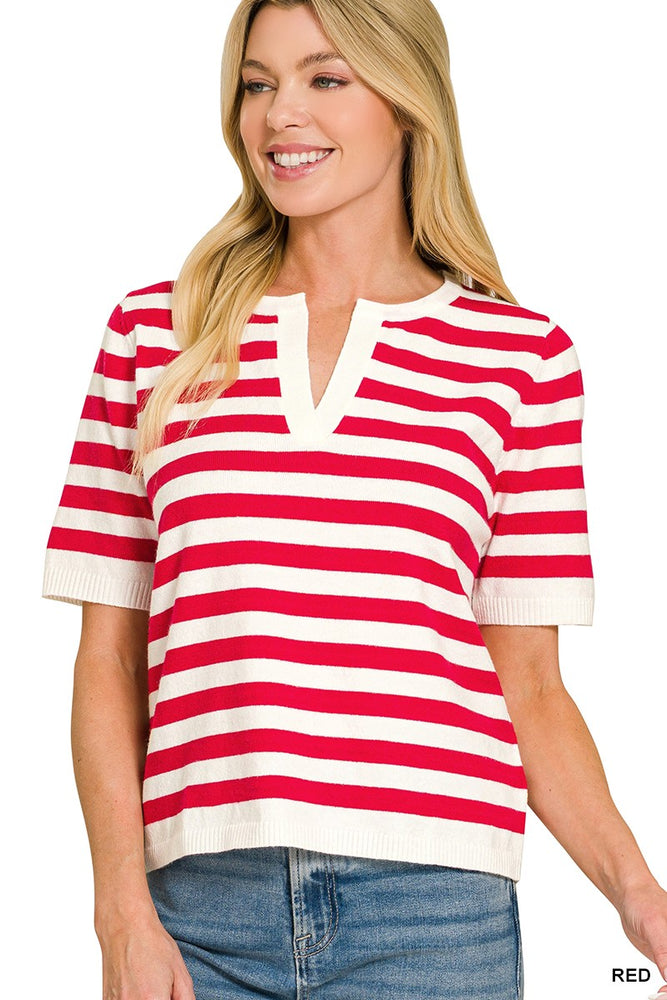 Split Neck Stripe Short Sleeve Sweater