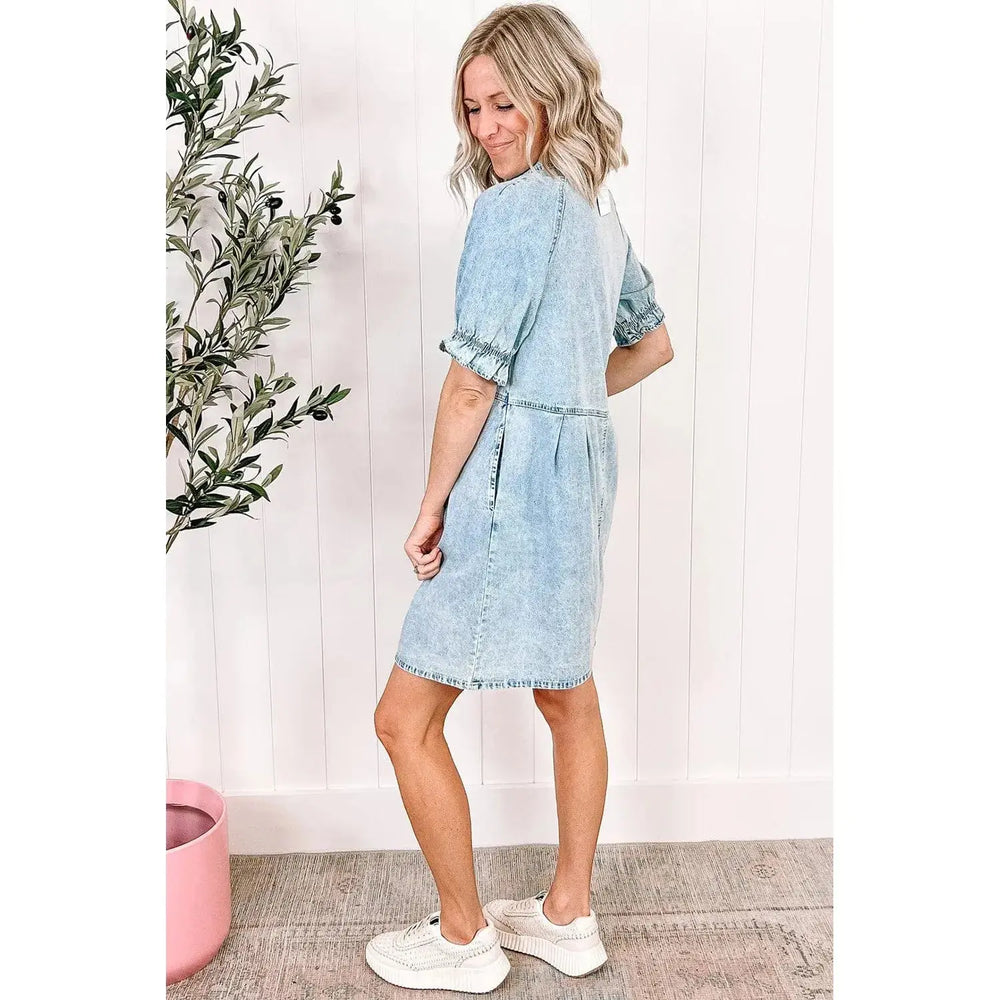 Beau Blue Mineral Wash Ruffled Short Sleeve Buttoned Denim Dress Dear lover