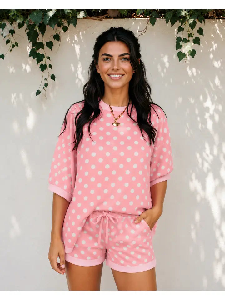 Pink Polka Dot Oversized Top Drawstring Short Set