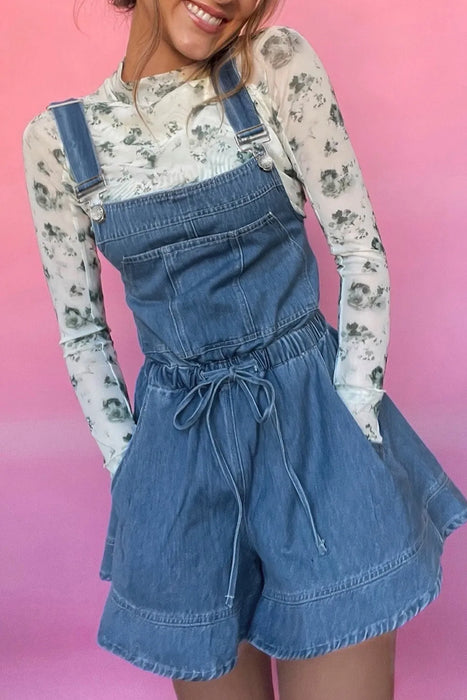 Sky Blue Buckle Straps Tied Backless Flared Denim Romper