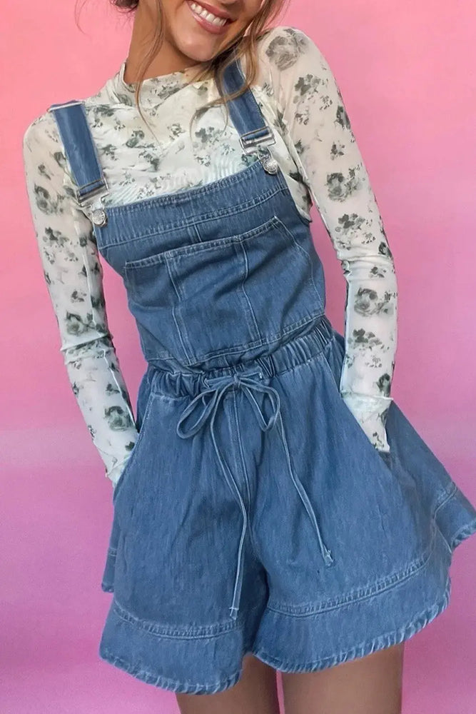 Sky Blue Buckle Straps Tied Backless Flared Denim Romper Dear lover
