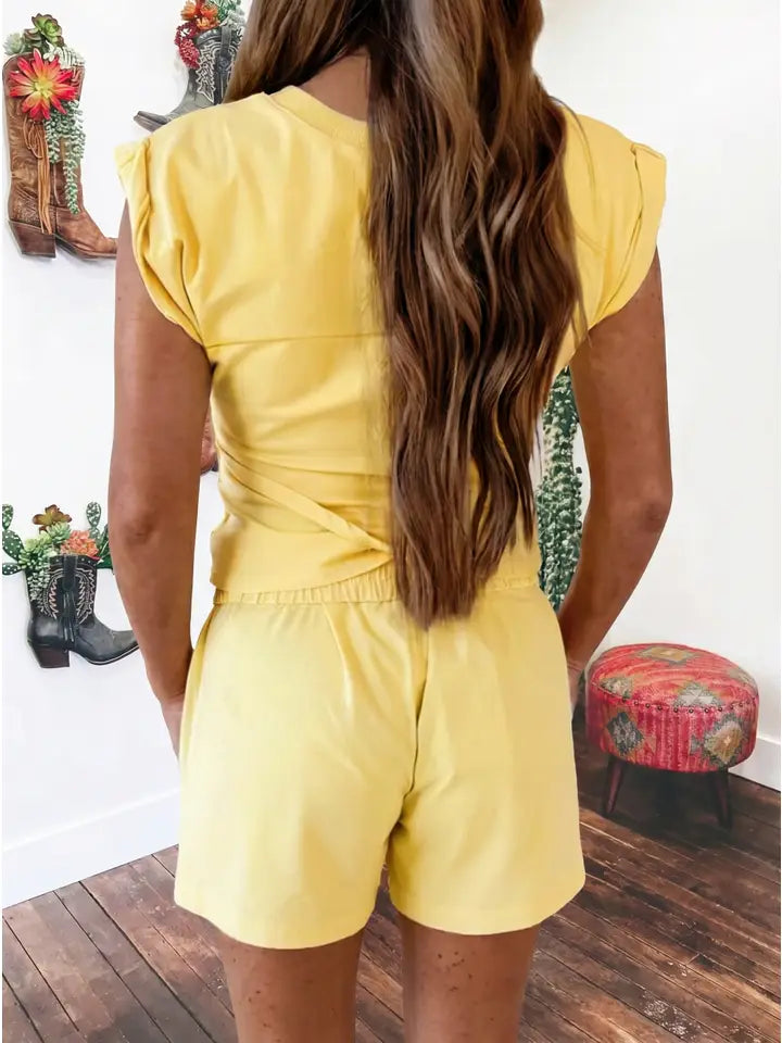 Yellow Cream Solid Short Sleeve Elastic Waist Pocket Casual Two Piece Short Set