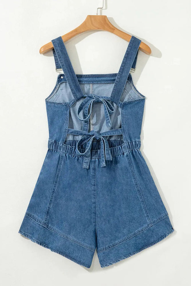 Sky Blue Buckle Straps Tied Backless Flared Denim Romper Dear lover