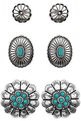 Western Concho Flower Gem Stone Stud Earrings Set