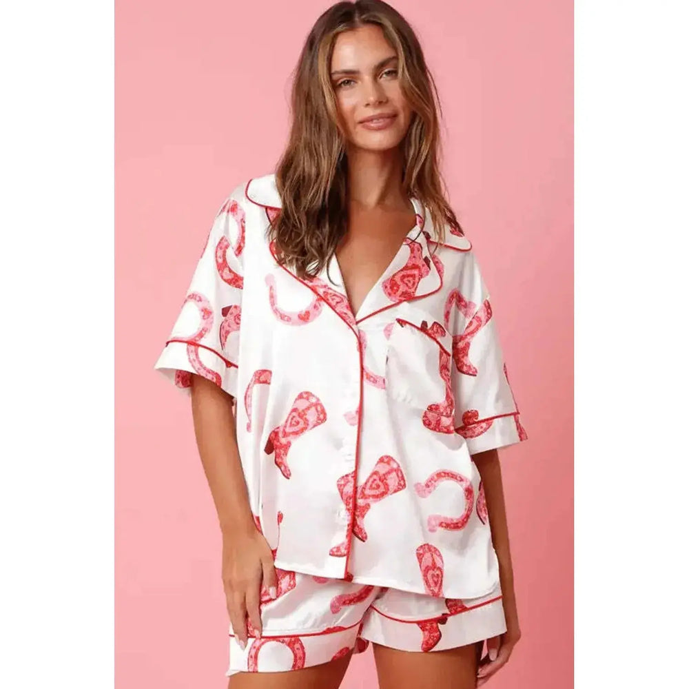 White Full Pattern Shirt and Shorts Satin Pajama Set Dear lover