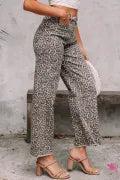 Brown Leopard Frayed Wide Leg High Waist Jeans Dear Lover