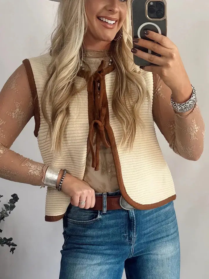 White Horizontal Ribbed Knit Contrast Trim Ties Front Sweater Vest