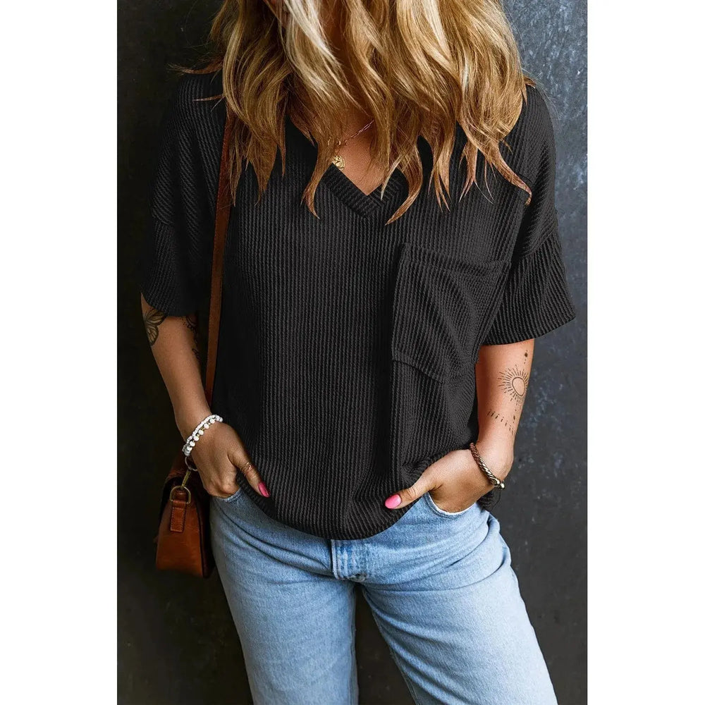 Black Corded V Neck Chest Pocket Loose T-shirt Dear lover