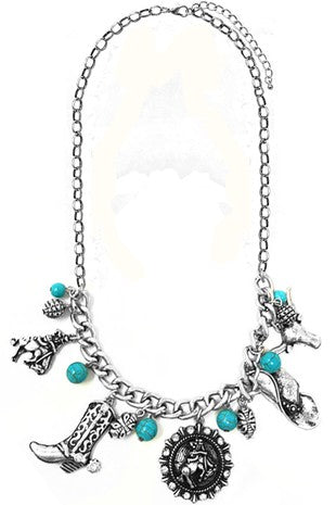 Western Cowboy Hat Boot Tq Charm Chain Necklce