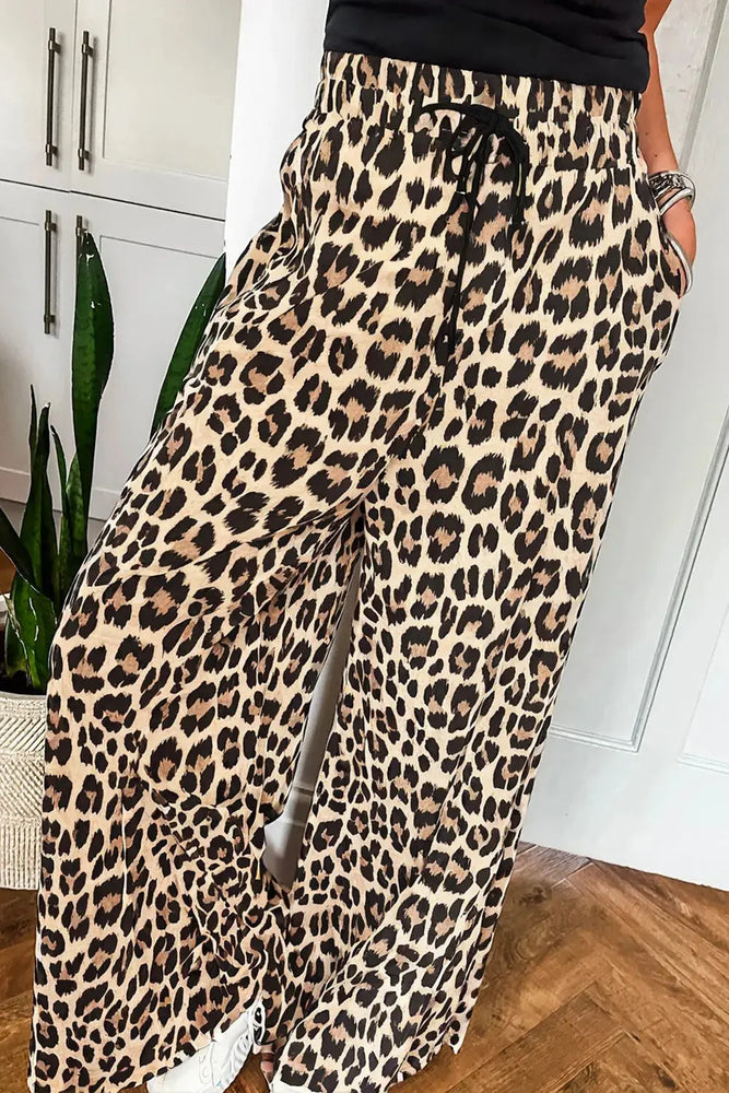 Flowy leopard wide leg pants with drawstring Dear lover