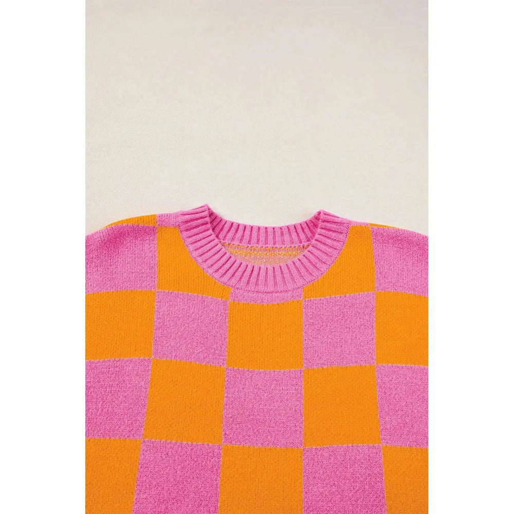 Strawberry Pink Colorblock Plaid Pattern Ribbed Trim Sweater Tank Top Dear lover