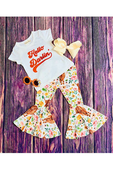 "HELLO DARLIN" bulls & floral print 2pc set XCH0333-20H