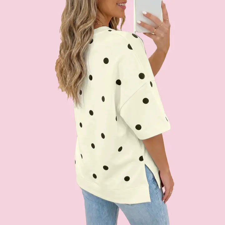 Polka Dot Print Crossed Seam Detail Oversize Tee