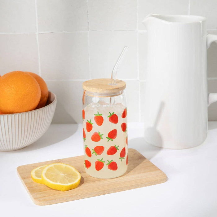 Strawberry 17 oz Can Glass w/ Straw and Lid - Decor & Gifts