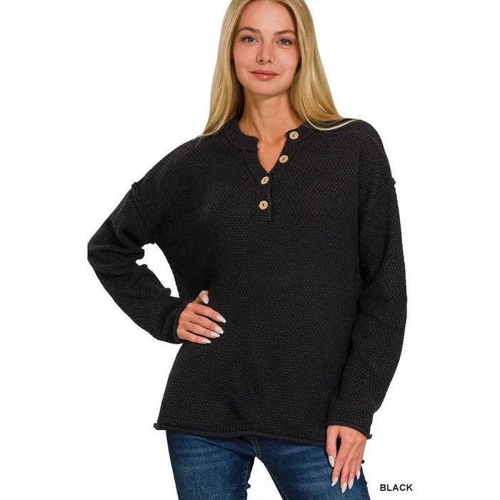 4 Buttons Henley Neckline Basic Sweater - LECCE