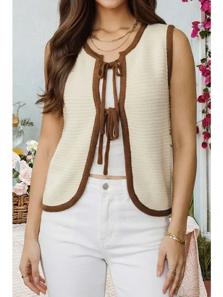 White Horizontal Ribbed Knit Contrast Trim Ties Front Sweater Vest