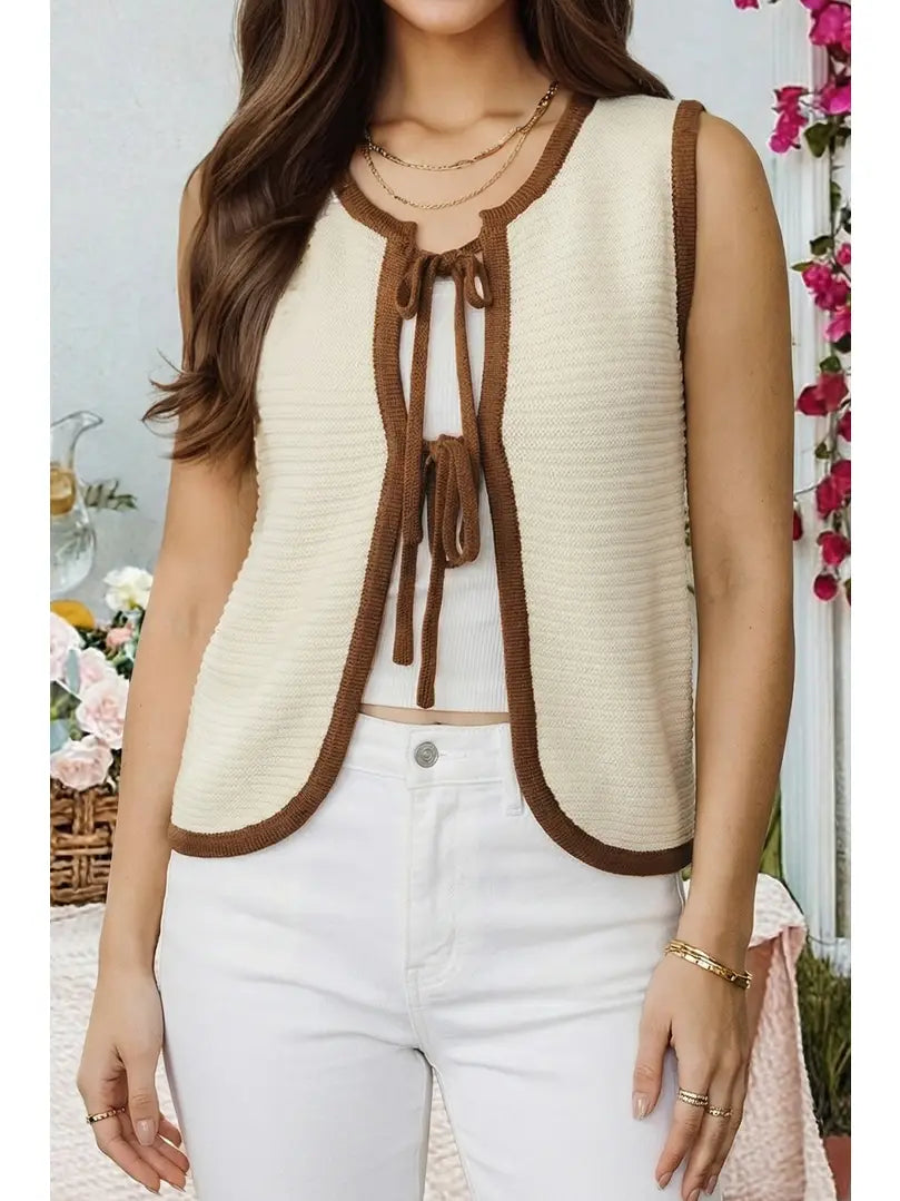 White Horizontal Ribbed Knit Contrast Trim Ties Front Sweater Vest