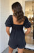 Black Denim Square Neck Smocked Short Puff Sleeve Flared Romper Dear lover