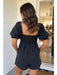 Black Denim Square Neck Smocked Short Puff Sleeve Flared Romper Dear lover