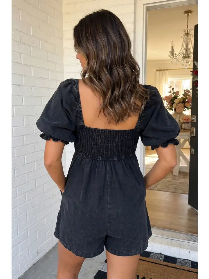 Black Denim Square Neck Smocked Short Puff Sleeve Flared Romper Dear lover