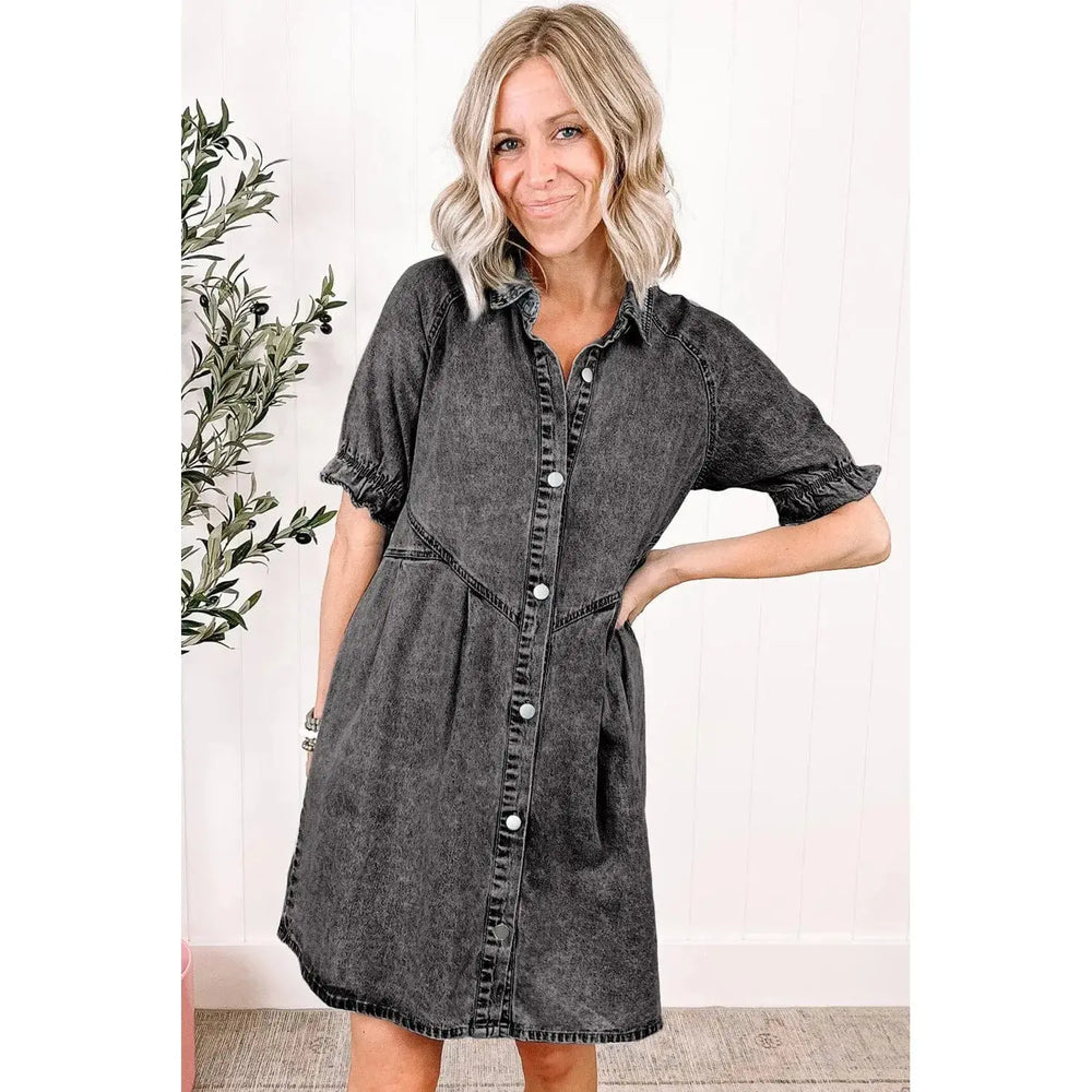 Medium Grey Mineral Wash Ruffled Short Sleeve Buttoned Denim Dress Dear lover
