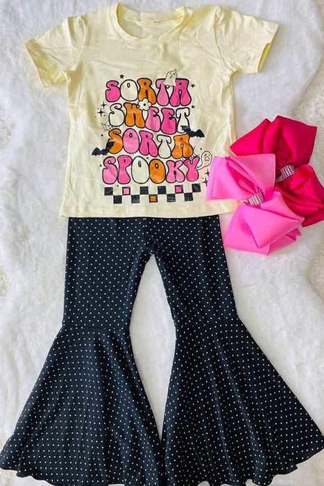 Halloween cream top black dots pant 2pc girls set