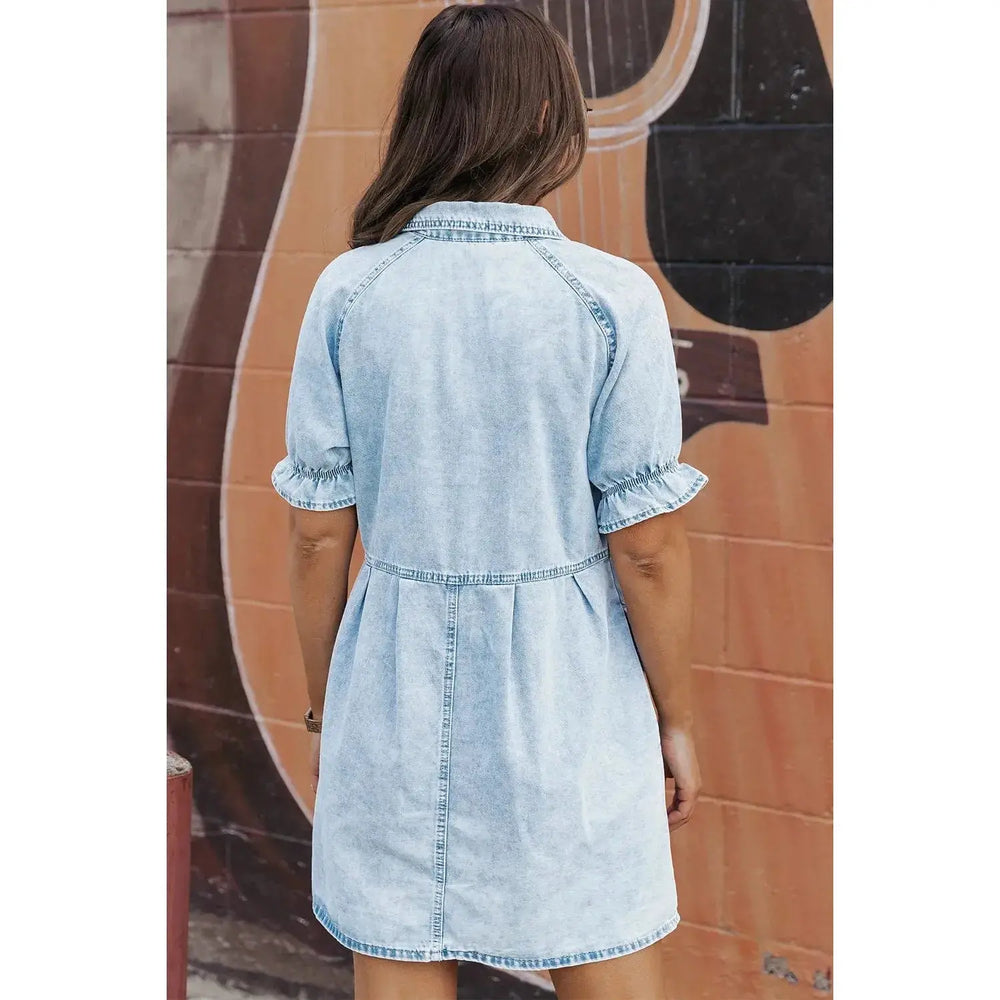 Beau Blue Mineral Wash Ruffled Short Sleeve Buttoned Denim Dress Dear lover