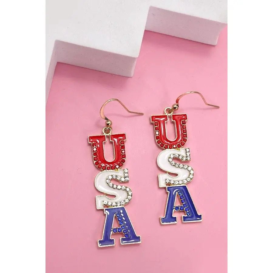 4th Of July Rhinestone Usa Drop Earrings - LECCE