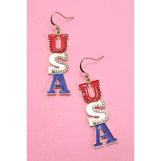 4th Of July Rhinestone Usa Drop Earrings - LECCE