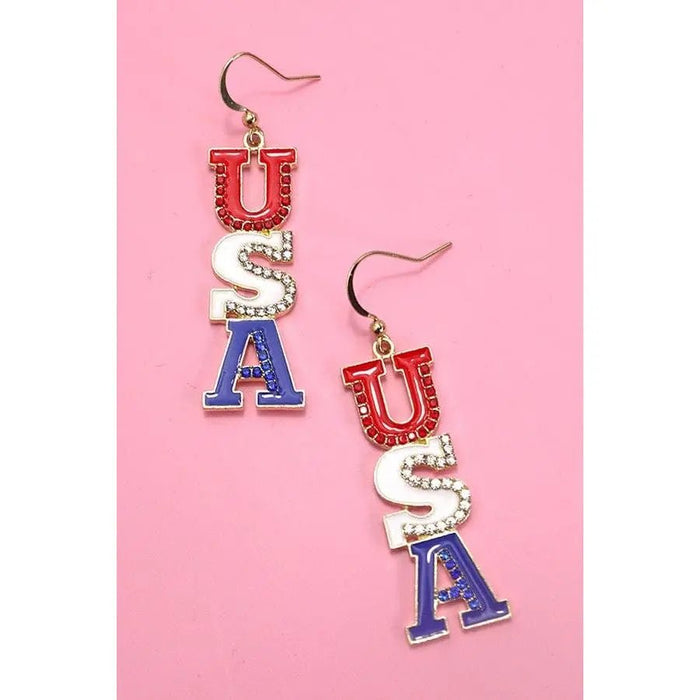 4th Of July Rhinestone Usa Drop Earrings - LECCE