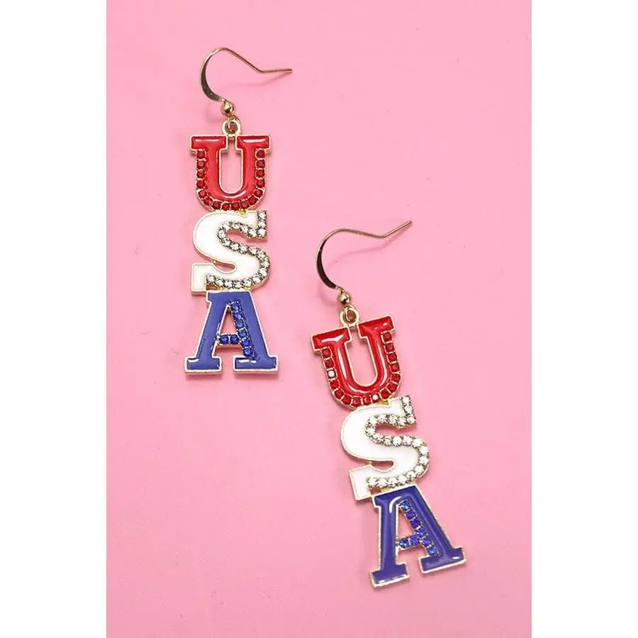 4th Of July Rhinestone Usa Drop Earrings - LECCE