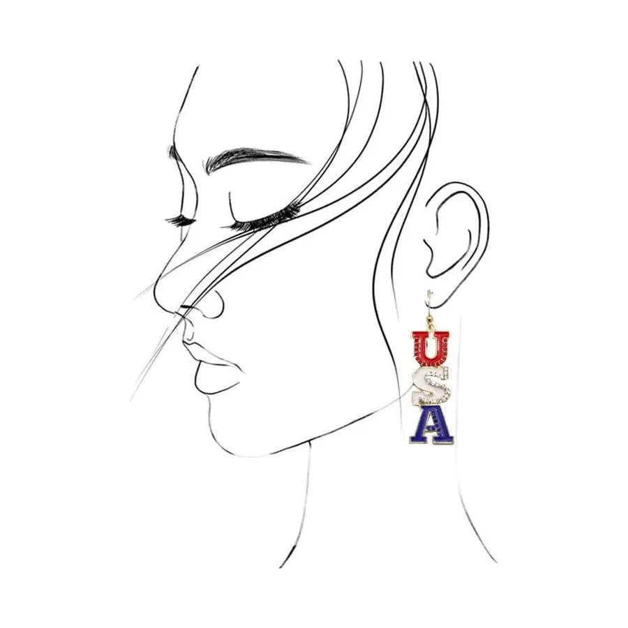4th Of July Rhinestone Usa Drop Earrings - LECCE