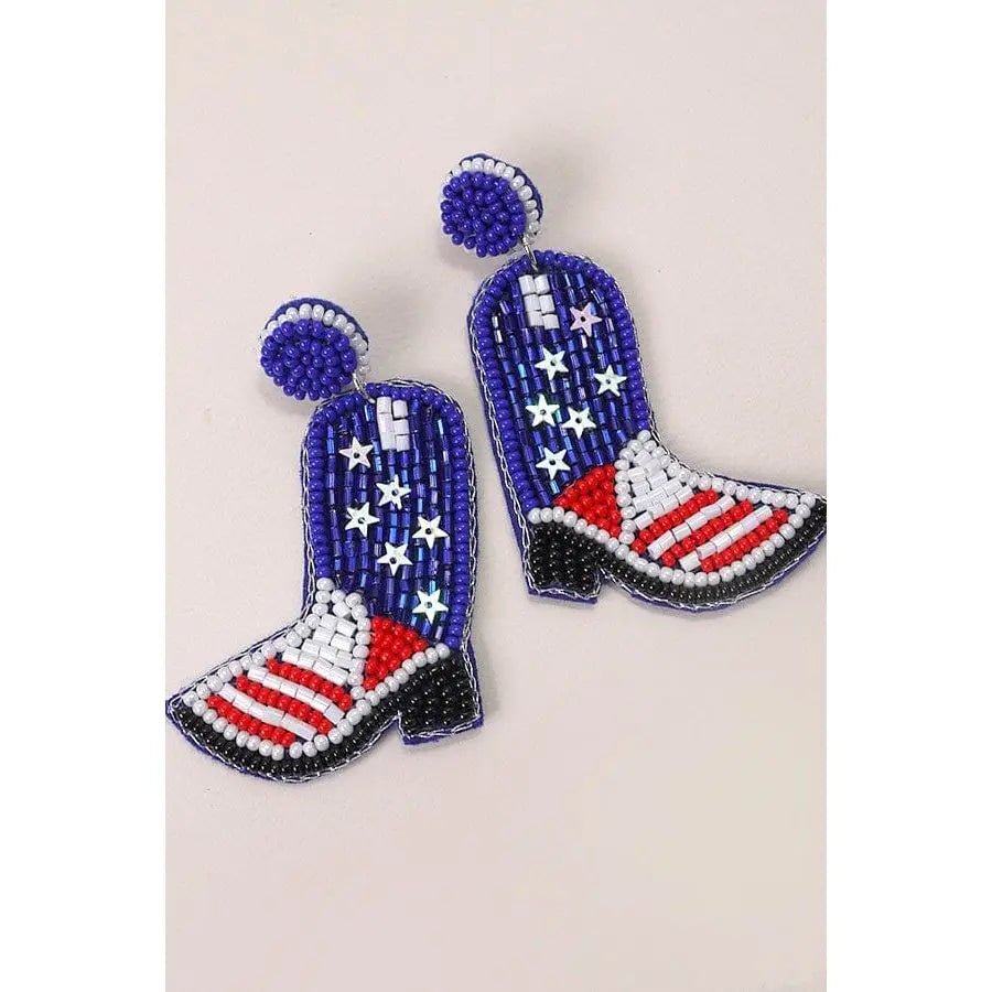4th Of July Seedbead Boot Flag Drop Earrings - LECCE