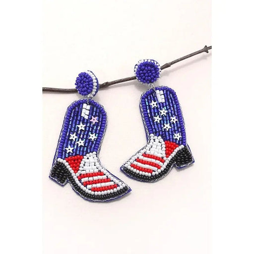 4th Of July Seedbead Boot Flag Drop Earrings - LECCE