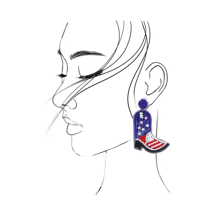 4th Of July Seedbead Boot Flag Drop Earrings - LECCE