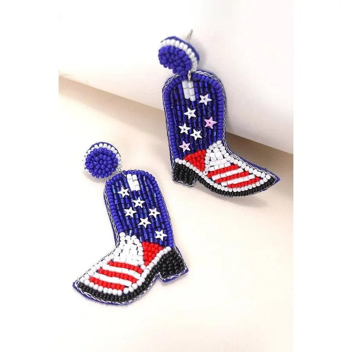 4th Of July Seedbead Boot Flag Drop Earrings - LECCE