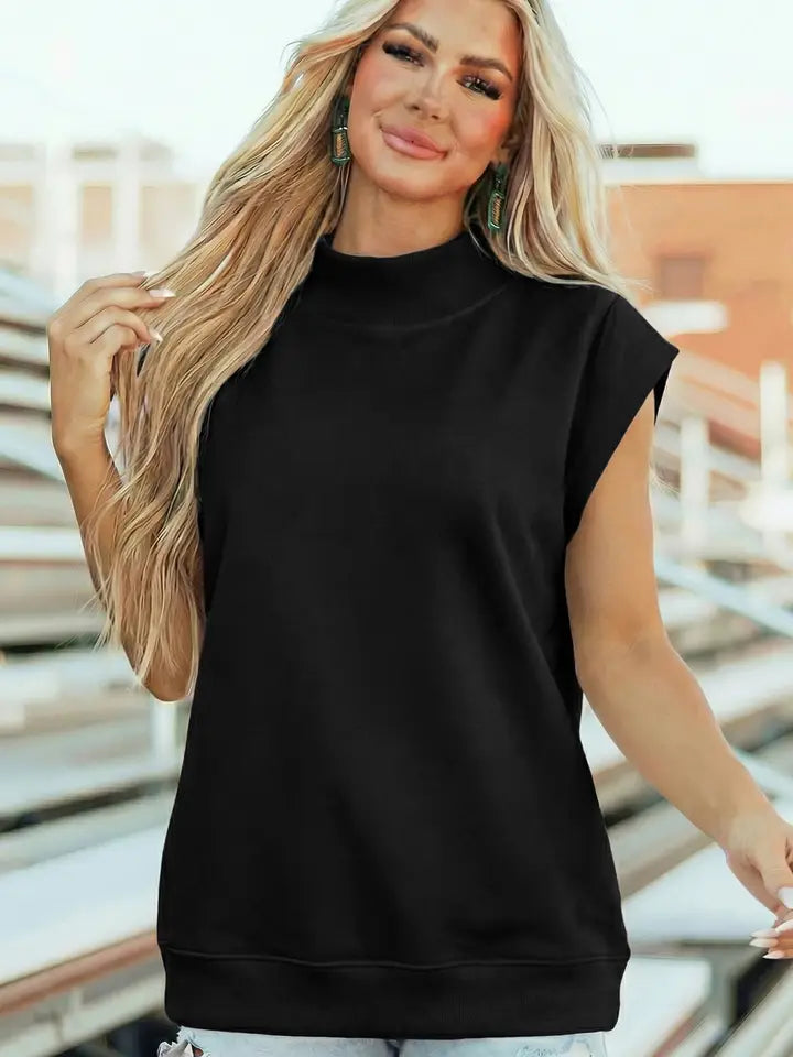 Black Solid Color High Neck Cap Sleeve Loose Top
