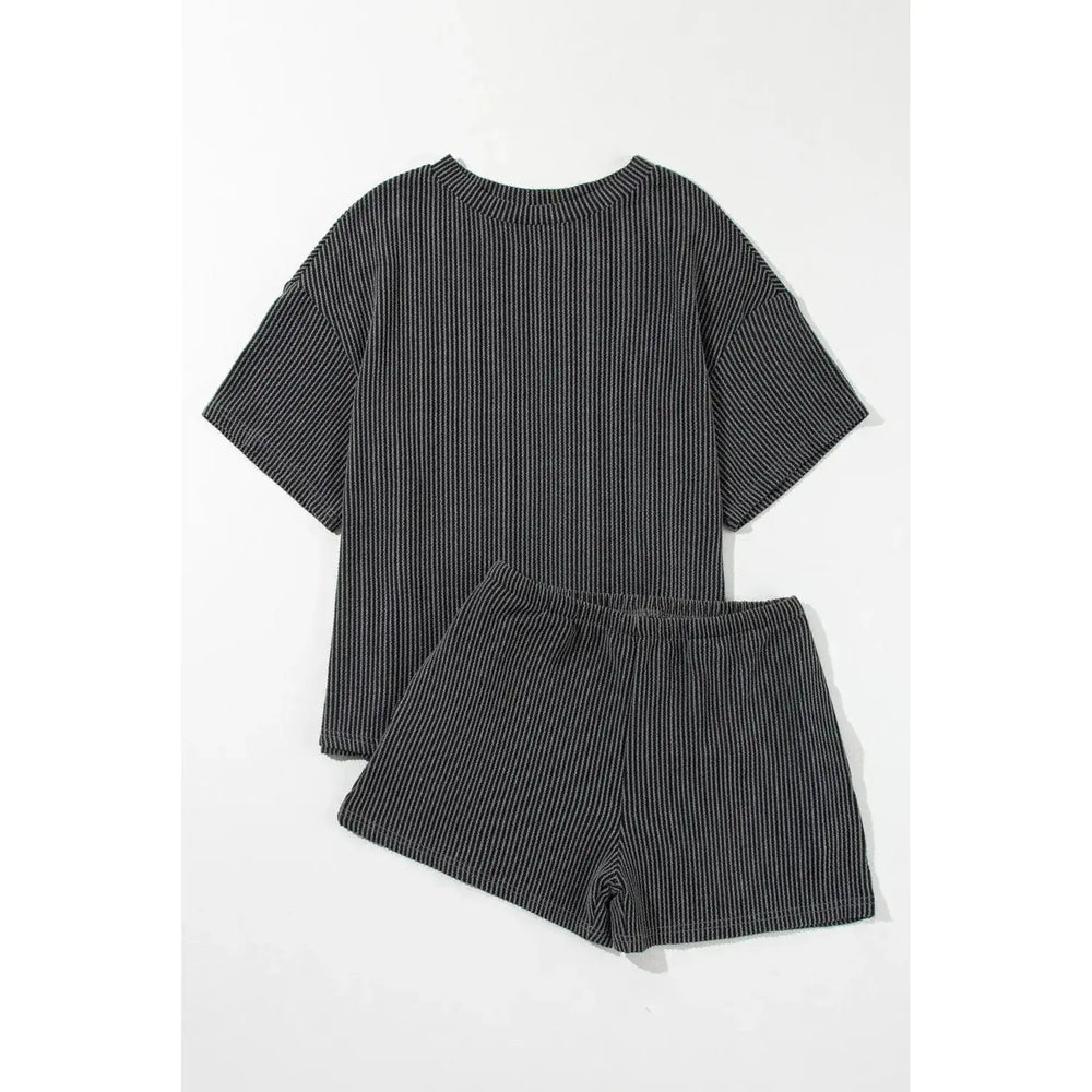 Carbon Grey Ribbed Textured Knit Loose Fit Tee and Shorts Set Dear lover