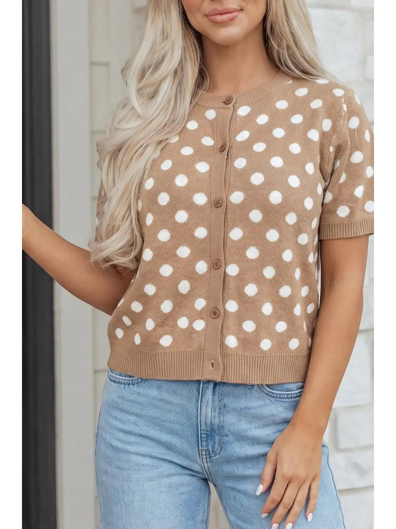 Dark Khaki Polka Dot Short Sleeve Button Down Sweater Cardigan