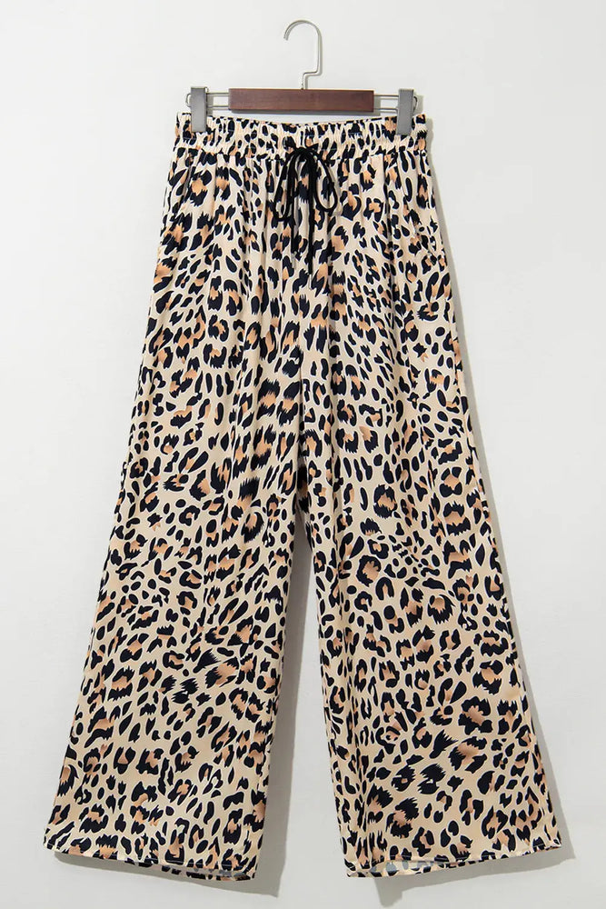 Flowy leopard wide leg pants with drawstring Dear lover