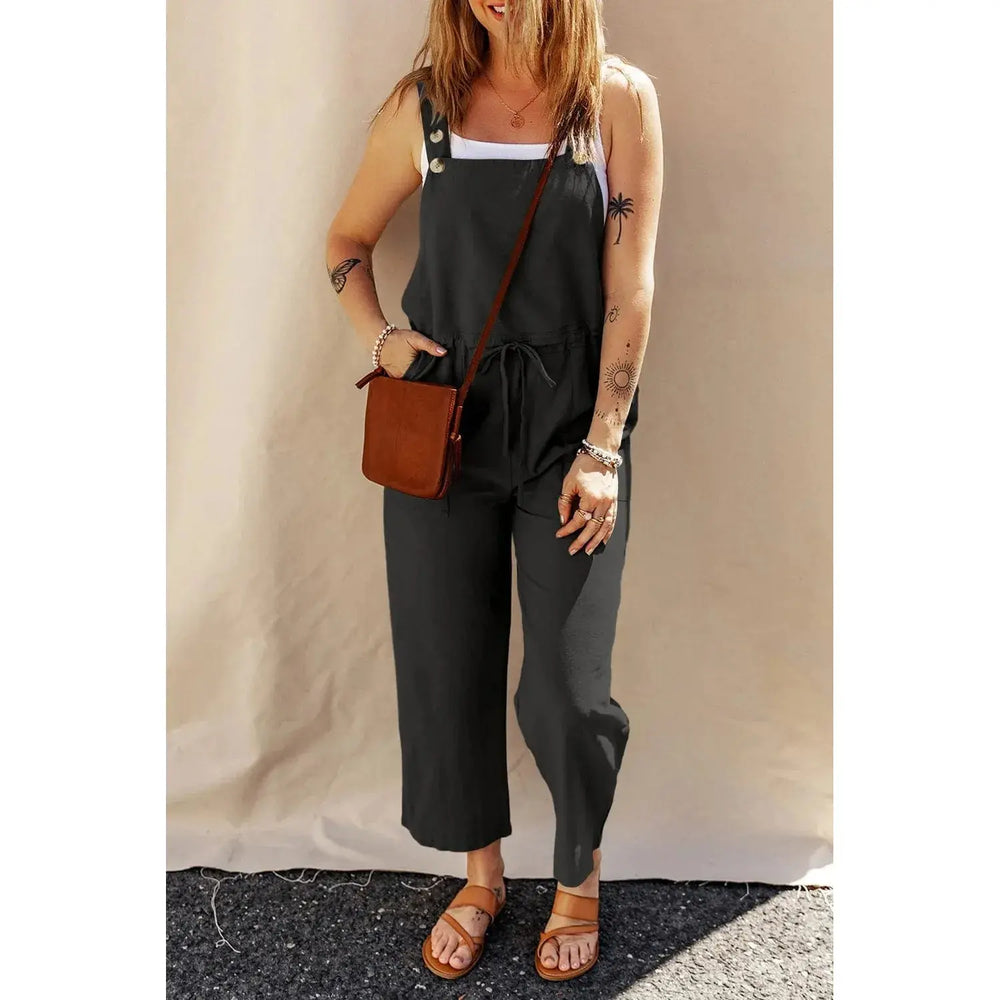 Black Drawstring Buttoned Straps Cropped Overall Dear lover